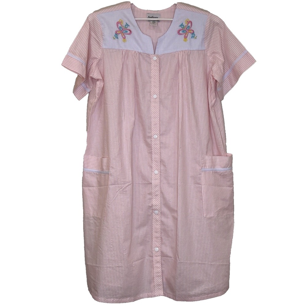 Anthony Richards Seersucker Robe Size XL‎ Pink Stripe Snap Front Pockets Duster